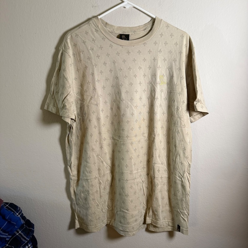 OVO October's Very Own Monogram T-Shirt Tan Beige XL Embroidered Owl Logo Mens